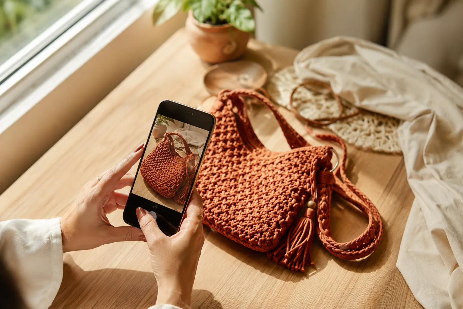 Mãos fotografando com o celular uma bolsa de crochê artesanal sobre mesa de madeira, com luz natural de janela