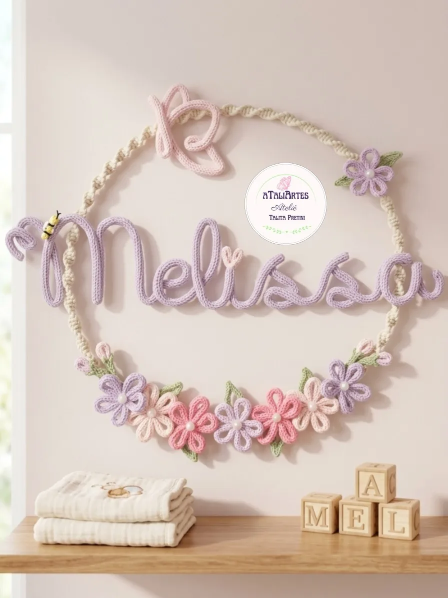 Porta Maternidade flores e borboleta guirlanda boho Macramê com Tricotin