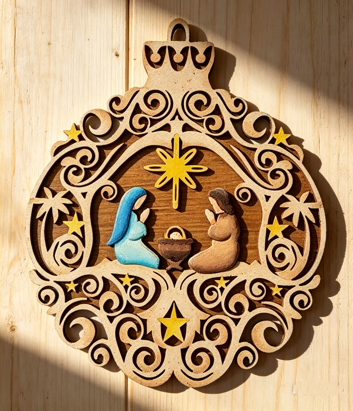 Enfeite Presépio  de Natal com Placa Inferior 3mm  para Porta ou Parede | 32cm | MDF 6mm Pintado à Mão