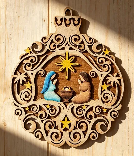 Enfeite Presépio  de Natal com Placa Inferior 3mm  para Porta ou Parede | 32cm | MDF 6mm Pintado à Mão