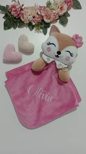 Naninha Personalizada raposinha Nome Bordado Manta de Apego para Bebê com Bichinho de Pelúcia