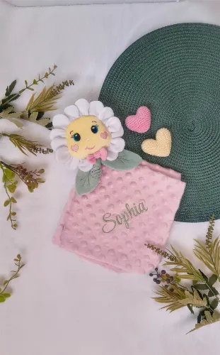 Naninha Personalizada Flor Nome Bordado Manta de Apego para Bebê com Bichinho de Pelúcia