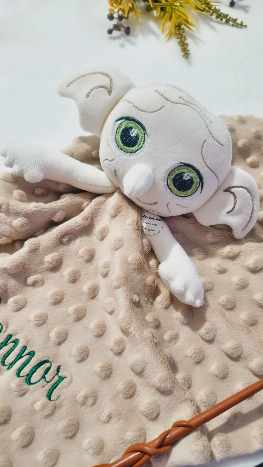 Naninha Personalizada Elfo Nome Bordado Manta de Apego para Bebê com Bichinho de Pelúcia