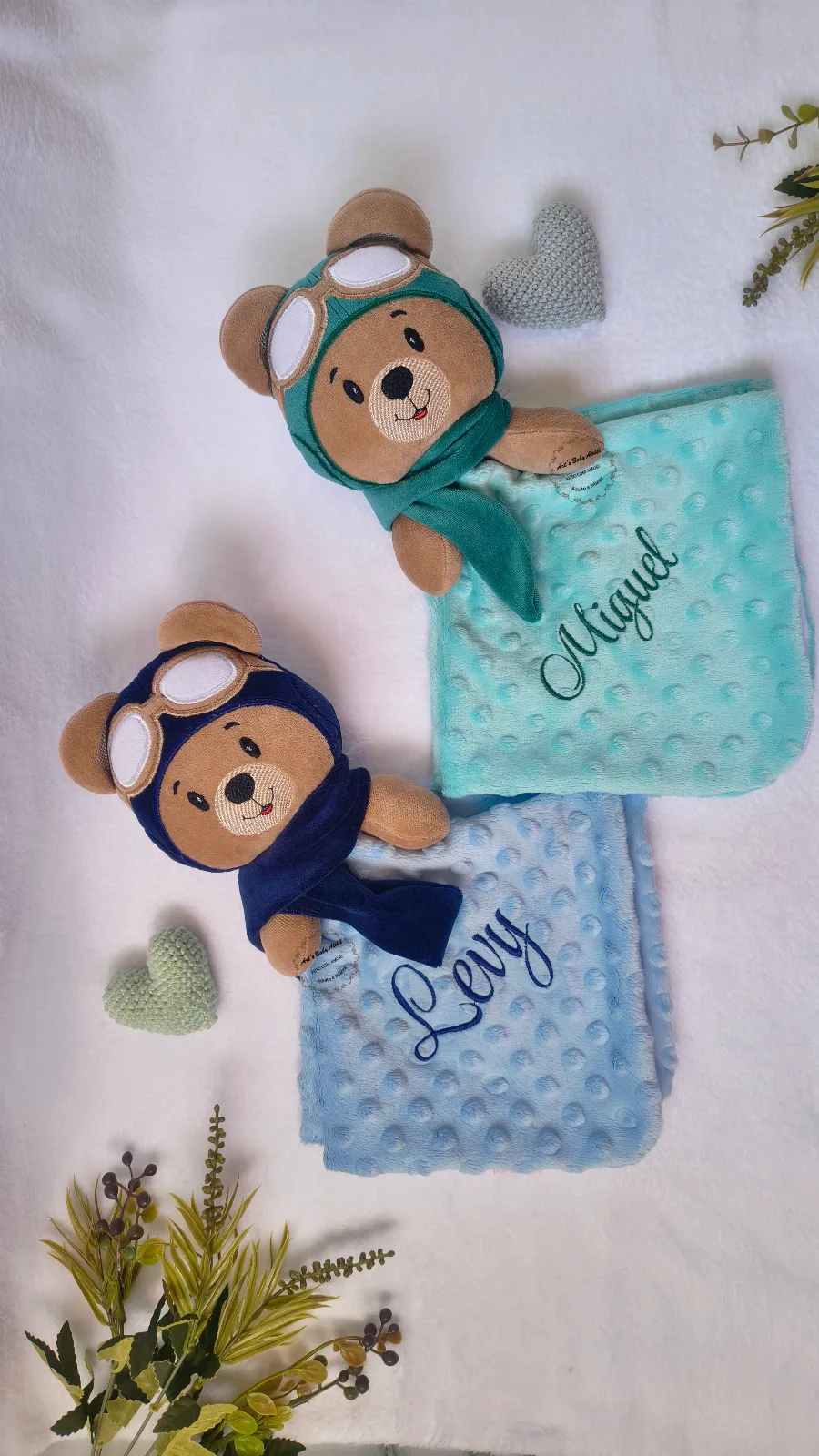 Naninha Personalizada Ursinho Aviador Nome Bordado Manta de Apego para Bebê com Bichinho de Pelúcia