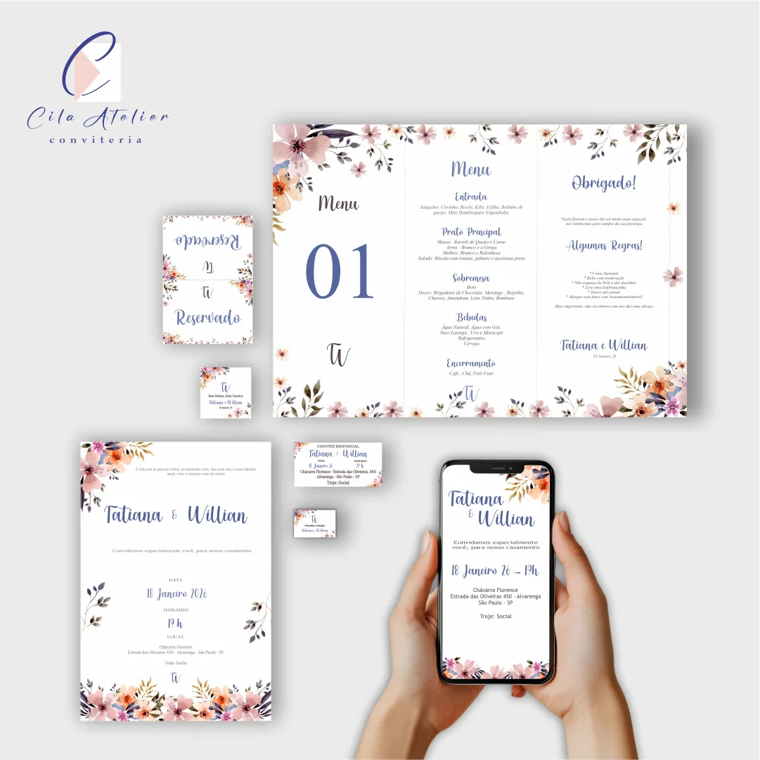 Kit Digital  - Casamento/Debutante - Convite + tag + convite individual + display de mesa