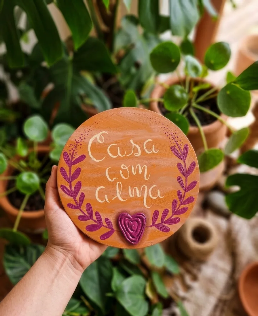 Placa Decorativa de Mesa Madeira Pinus Casa com Alma Textura 20cm
