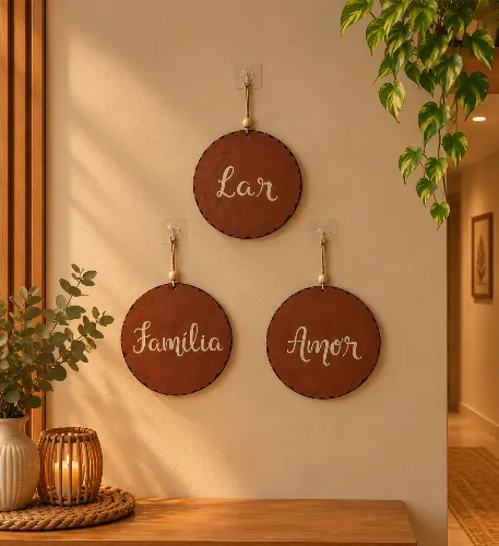 Trio Placas Decorativas Parede Rustico Lar Familia Amor MDF Kit 3 Peças