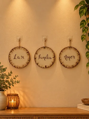 Trio Placas Decorativas Parede MDF Lar Família Amor 20cm Kit 3 Peças
