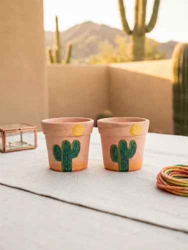 Dupla Mini Cachepô de Barro 7cm Cacto Sol Pintado a Mão