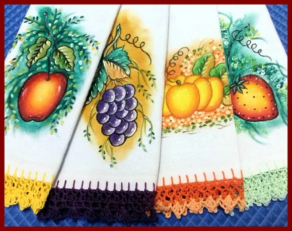 Kit 7 Panos de Prato Barrado Croche Pintado Mão Livre