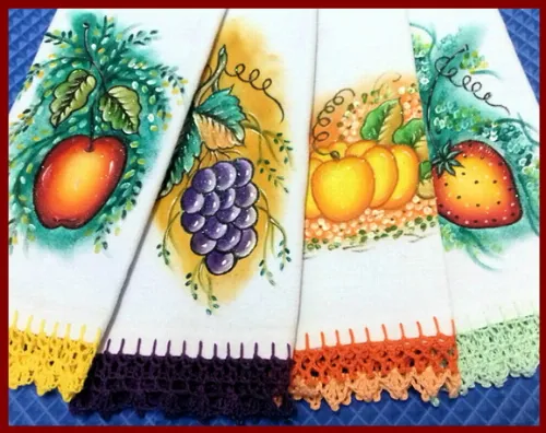 Kit 7 Panos de Prato Barrado Croche Pintado Mão Livre