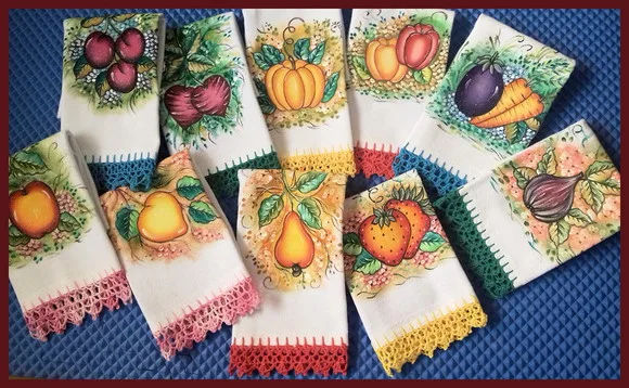 Kit 7 Panos de Prato Barrado Croche Pintado Mão Livre