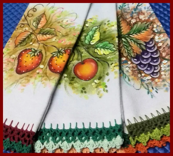 Kit 5 Panos de Prato Barrado Croche Pintado Mão Livre