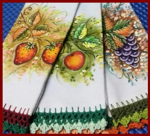 Kit 5 Panos de Prato Barrado Croche Pintado Mão Livre