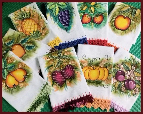 Kit 5 Panos de Prato Barrado Croche Pintado Mão Livre