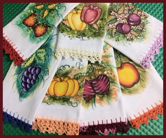 Kit 7 Panos de Prato Barrado Croche Pintado Mão Livre