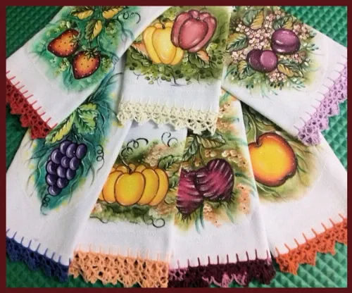 Kit 7 Panos de Prato Barrado Croche Pintado Mão Livre