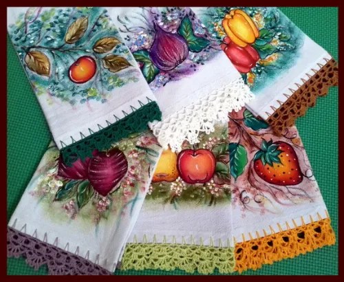 Kit 5 Panos de Prato Barrado Croche Pintado Mão Livre