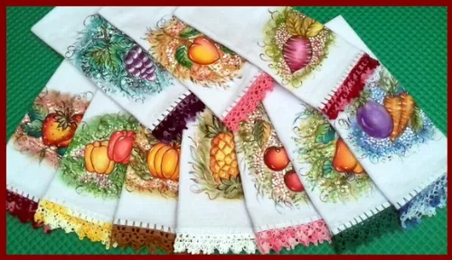 Kit 7 Panos de Prato Barrado Croche Pintado Mão Livre