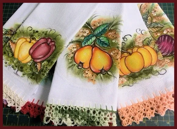Kit 10 Panos de Prato Barrado Croche Pintado Mão Livre