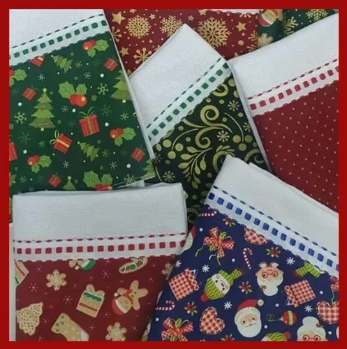 Kit Pano de Prato Atacado Barrado Natal com *10 Peças*