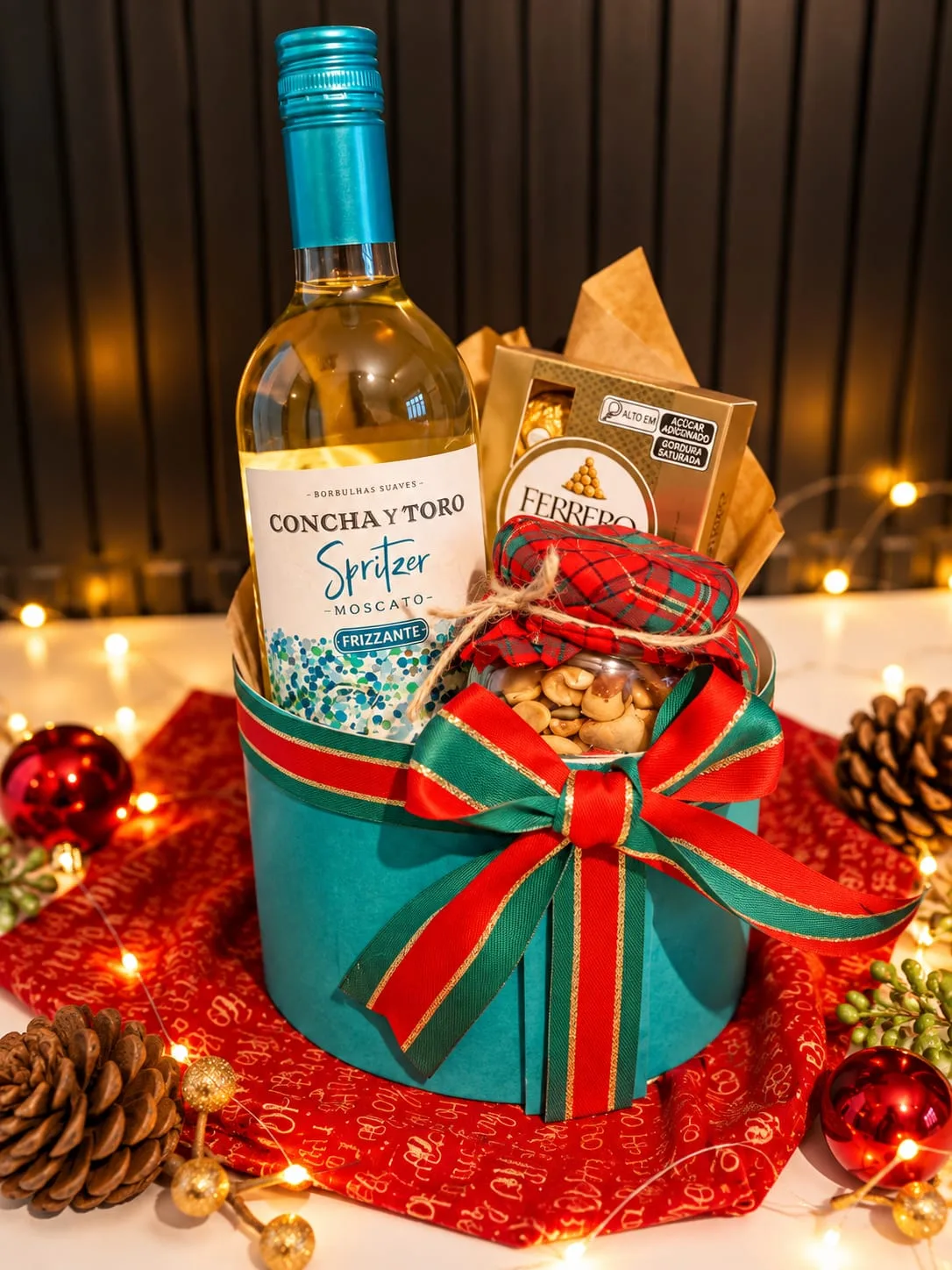 Cesta de Natal com Vinho Frisante Moscato, Ferrero Rocher e Mix de Castanhas