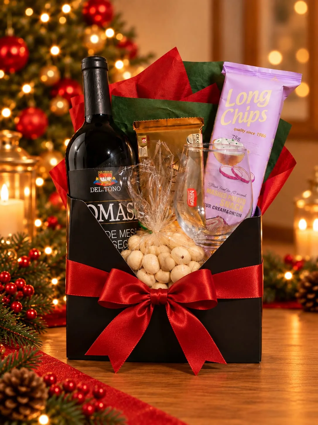 Cesta de Natal com Vinho, Taça e Chocolate
