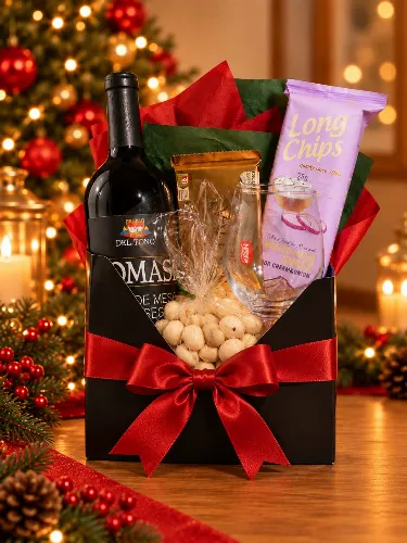 Cesta de Natal com Vinho, Taça e Chocolate
