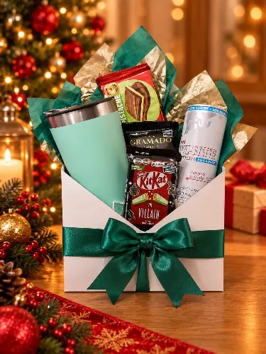 Cesta de Natal com Copo Térmico, Chocolates e Energético