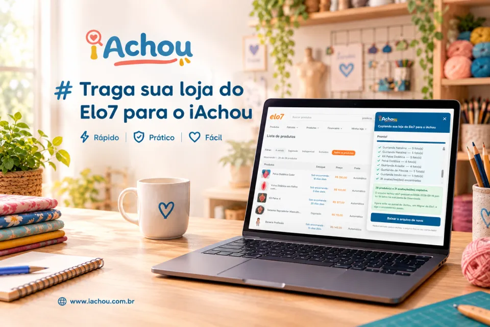 Painel do Elo7 aberto no notebook, com o quadro do iAchou copiando os produtos da loja